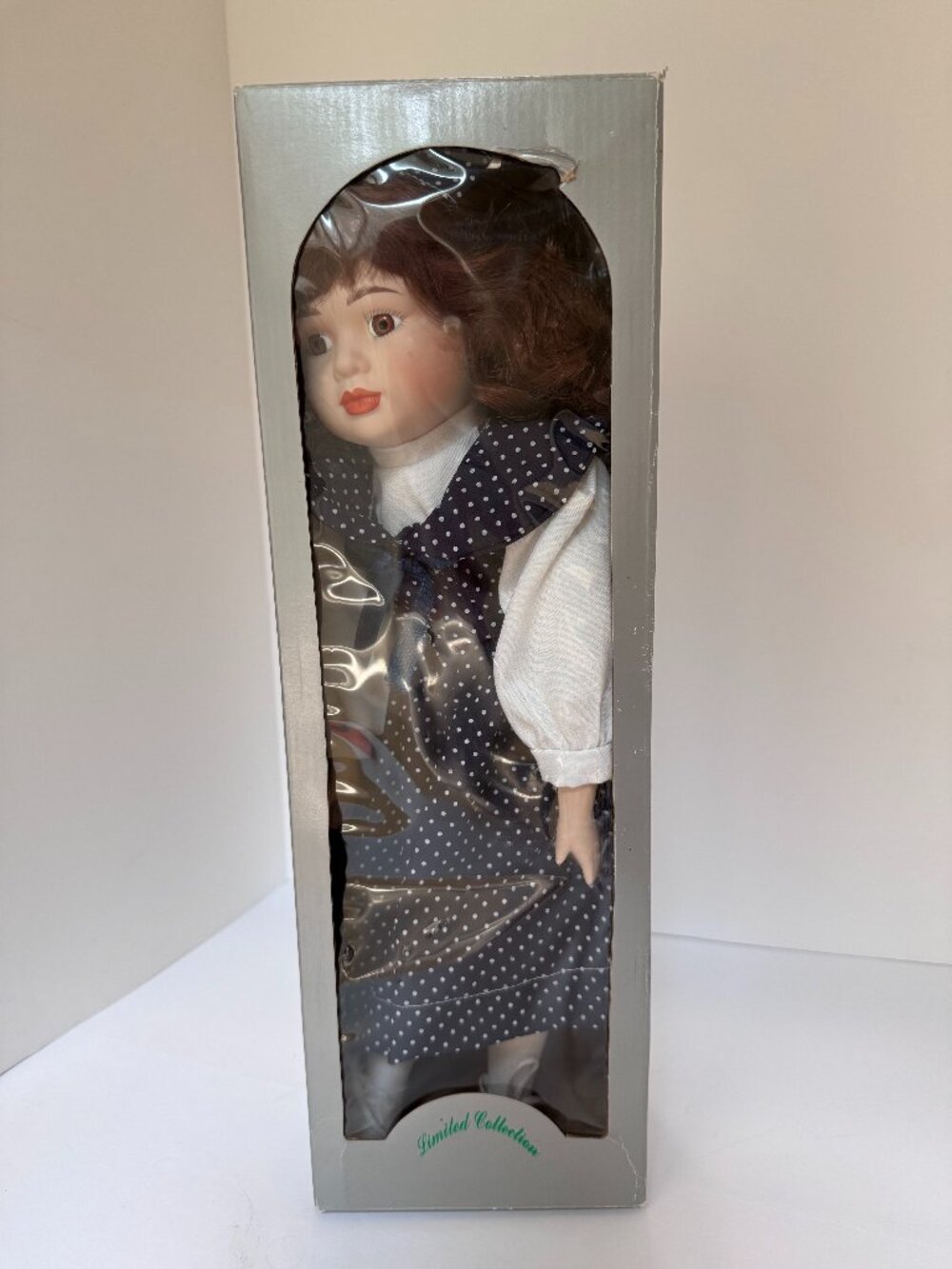 Limited Collection Porcelain Doll 16in Navy Polka Dot Dress NIB